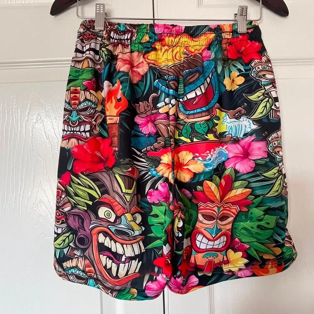Mens Size S Hawaiian Tiki Torch Print Swim Trunks Drawstring Board Shorts